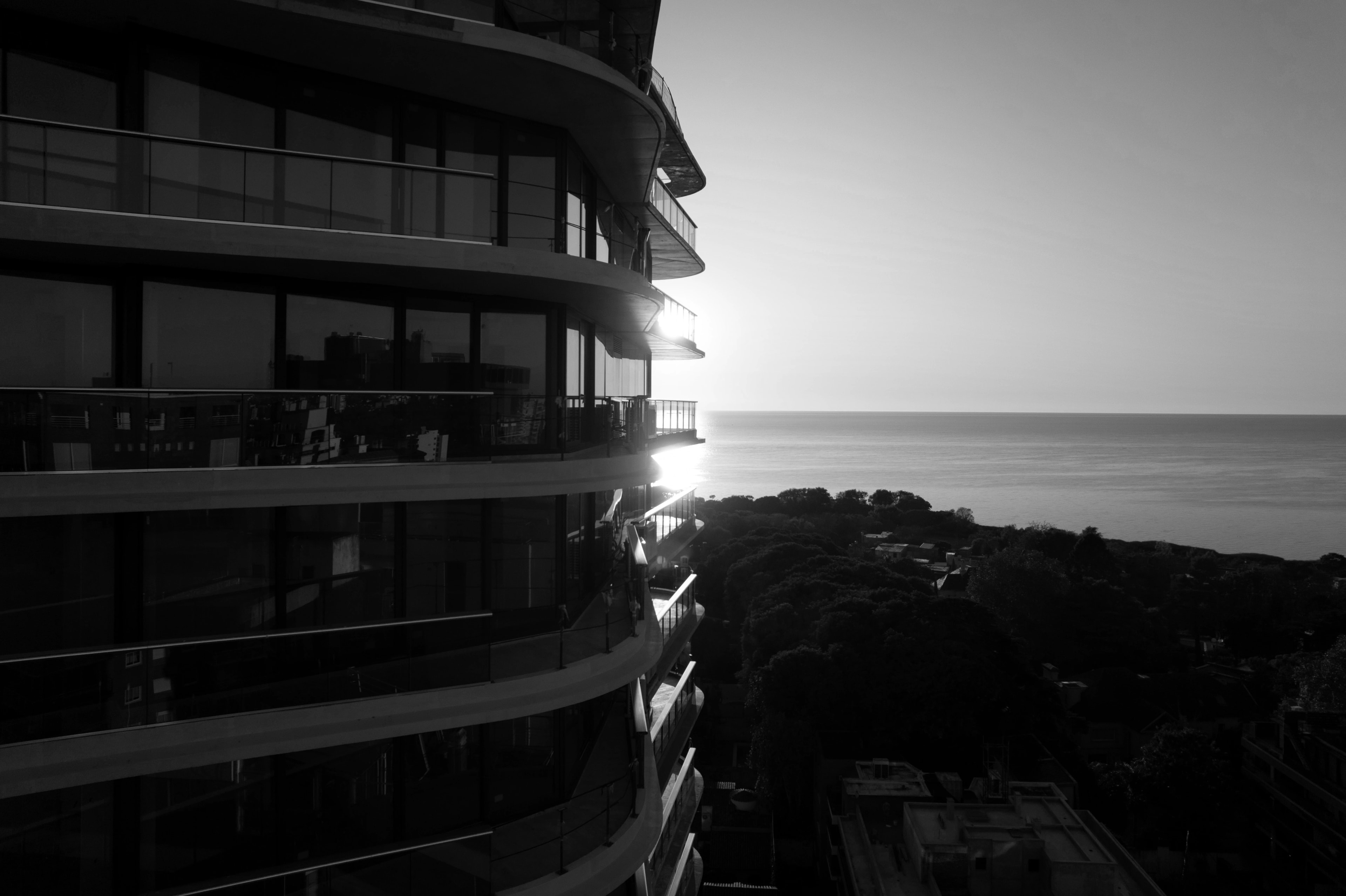 Selene Libertador at dusk, in black & white.